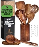 Holz Kochbesteck-Set mit Halter, Pfannenwender Kochlöffel Schöpfkelle Nudelheber Servierlöffel Sieb – mit Haken, Halter und Ablage – 13-teiliges-Set Küchenset – hochwertig & nachhaltig