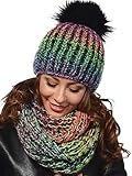 Damen Strickmütze & Loop mit großer Kombiset Kunstfell Bommel Strickset Beanie mit Fellbommel + Schlauchschal, Einheitsgröße K3 (Multicolor)