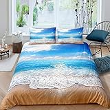 Loussiesd Strand Themed Bettwäscheset Blauer Ozean-Druck Bettbezug Set 135x200cm Hawaii Wellenstrand Bettwäscheset mit 1 Kissenbezug 80x80cm Frauen Männer Dekorativ Mikrofaser 2 STK