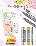 ONLINE Handlettering-Set | 10 Kalligrafie-Stifte Calli.Brush, Schönschreib-Füller, Bullet Journal, Handlettering Heft, bunte Tintenpatronen, Leinenetui | Geschenk-Idee