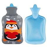 Wärmflasche mit Bezug, Mture Wärmeflaschen mit Strickbezug Rollkragen Wärmekissen 2 Liter Wärmflasche kinder, waschbare Strickflaschenabdeckung Schnelle Schmerzlinderung, perfekte Geschenk(Pinguin)