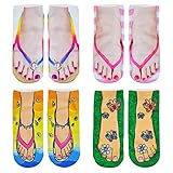 YMIFEEY 4 Paar Knöchelsocken Damen 3d Druck Socken Sneaker Baumwollsocken Lustige 3D Flip Flop Barfußschuhe Motiv Kurz Socken Füßlinge Söckchen für Frauen 35-38 (Typ A)