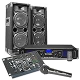 MAX26 PA Anlage Komplett Set, 1200 Watt DJ Boxen Set Lautsprecher mit Verstärker, Mischpult und Mikrofone, Lautsprecherset, Mischpult mit Boxen, PA Komplett Set,