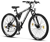 Licorne Bike Effect Premium Mountainbike in 29 Zoll Aluminium, Fahrrad für Jungen, Mädchen, Herren und Damen - 21 Gang-Schaltung - Scheibenbremse Herrenrad - Schwarz/Weiß (2xDisc-Bremse)