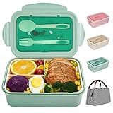 Bento Box für Kinder Erwachsene, SHAKNIFE 1400ML Luftdichte Lunchbox mit Lunchtasche Löffel Gabel, BPA-Freie und Lebensmittelechte Brotdose mit 3 Fächern (Grün)