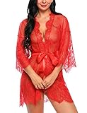 Avidlove Dreiteilig Nachtwäsche Negligee Kleid Gown Kurz Babydoll Erotik Lingerie mit G-String Gürtel Nachthemd Transparente Dessous Damen Sexy Robe Long Sleeve Sheer Mesh Lace-Trim L Rot