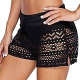 Ulicox Damen Badehose Badeshorts Strand Kurze Shorts Wassersport Boardshorts Schnell Trocknend Sommer Hollow Spitze Schwimmhose Schwimmshorts Frauen Bikini Unterteil, Schwarz XL