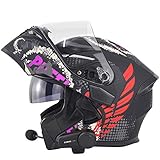 TKTTBD Bluetooth Modulare Motorrad Integralhelm Klapphelm,Anti-Fog-Doppelvisier-Bluetooth Motorrad-Lokomotiven Für Mofa Crash Moped Bobber Chopper Cruiser-Rennmütze,DOT/ECE Zertifiziert