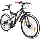 Galano Volt DS Mountainbike für Mädchen und Jungen ab 160 cm, Jugendfahrrad Unisex mit 21 Gangschaltung und Scheibenbremsen, Fahrrad MTB Fully Schutzblech (schwarz/rot)