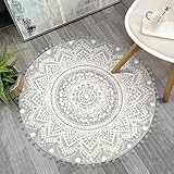 Boho Kleine Badezimmerteppiche Mandala Weiche Fußmatte mit Pom Pom Fransen Überwurfteppiche rutschfest Flauschiger Teppich für Eingangsbereich Badewanne Waschbecken Schlafzimmer (Grau, 90 cm Rund)