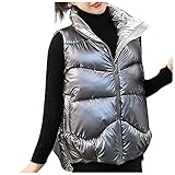 Dream Room Reitjacke Winter Damen äRmellose Weste Damen Kurz Damen Weste Kurze ÄRmellose Jacke Warme Steppweste Ohne Kapuze Daunenweste Winter FrüHling Stehkragen, Gesteppt, Leicht,Silber,M