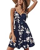 STYLEWORD Damen V-Ausschnitt Ärmellos Blumen Sommerkleid Swing Kleid Verstellbaren Spagettiträgern Trägerkleid Midikleid Strandkleid mit Taschen