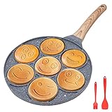 Bobikuke Pancake Pfanne Induktion, Antihaft Pancake Maker 7 Löcher mit Smiley-Gesichtern Spiegelei-Pfanne, zum Kinderfrühstück, 26 cm - Schwarz