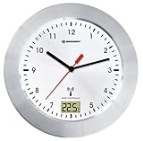 Bresser 8020114 Bad Wanduhr MyTime Bath mit Temperaturanzeige und Funkuhr mit gebürstetem Aluminiumrahmen, Saugnäpfen und Standfuß für Tischmontage, Weiß/Silber