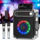 JYX Karaoke Anlage mit 2 drahtlosen Mikrofonens, Tragbares PA-System Karaoke Lautsprecher Höhen/Bass und LED-Licht, Unterstützt TWS, USB/TF/FM-Radio, Rec, Versorgung für Party,Draußen,Drinnen