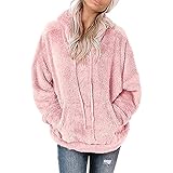 Fleecejacke für Damen Pullover Langarm Hoodie Einfarbig Kapuze Plüsch Mantel mit Tasche Winter Shaggy mit Kapuze, G85 Pink, 38