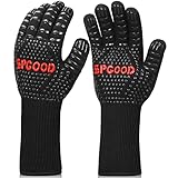 SPGOOD Grillhandschuhe hitzebeständig Grillhandschuh 800 Grad feuerfeste Handschuhe Kochhandschuhe Backhandschuhe für Küche & Grill BBQ Ofenhandschuhe,Schwarz（L/XXL）