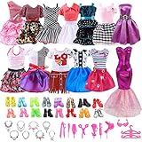 Carreuty 39 Stück Puppenkleidungs Outfit für Barbie Puppen, Puppenzubehör mit 11teiliger Kleidung+10 Paar Schuhe+18 zufällig ausgewählte Accessoires für Mädchen Geburtstagsgeschenke