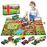 Oriate Bauernhof Traktor Spielset 34 teiliges Druckgussmodell Fahrzeugwagen LKW, Große Größe 12CM Traktor-Spielzeug, Enthalten 120x80CM Kinder Bodenmatte, tolles Geburtstagsgeschenk für Jungs Mädchen