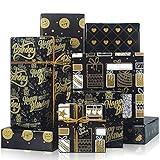 Larcenciel Geburtstag Geschenkpapier Set, Geschenkverpackung Papier 4 Blatt mit 4 Stück Etikett + 1 Rolle Packseil Schwarzgold-Design Geschenkpapier für Abschlussfeiern, Babyparty (70 x 50 cm)