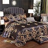 Bettwäsche 135x200 cm Schwarz Gold Seide Satin Bettbezug Set 2teilig Glatt Glänzend Wendebettwäsche Microfaser Zweiteilig Jacquard Blumenmuster Bettwäschegarnitur Einzelbett mit Reissverschluss