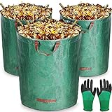 MOOING 3er Set Gartensack, 300 L Gartenabfallsack aus robustem Wasserdichtes Polypropylen-Gewebe (PP) - Selbststehend und Faltbar Laubsäcke,Abwaschbar,inkl 1 Paar Gartenhandschuhe