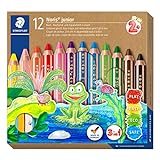 STAEDTLER 3in1 Buntstift Noris junior, Bunt-, Wachsmal- und Aquarellstift, extra bruchsicher, ideal für Kinder, für viele Oberflächen, Kartonetui mit 6 Farben inkl. Spitzer, 140 C6