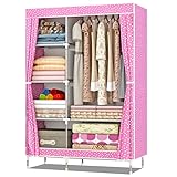 TIE-DailyNec Stoffschrank Große Kapazität Leinwand-Kleiderschrank Stoffschränke Tragbare Faltschrank Freistehender Kleiderschrank für Kleidungsraum, Schlafzimmer (Rosa Tupfen)