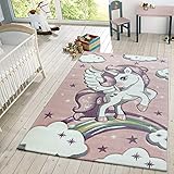 TT Home Kinder Teppich Moderner Spielteppich Einhorn Sternen Design Mit Wolken Rosa, Größe:120x170 cm