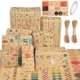 7 Stück Geschenkpapier Kraftpapier, Geschenkpapier Geburtstag Packpapier, mit Doppelseitiges Klebeband, 10m Strohseil, Aufklebern, Braun Geschenkverpackung Papier für Geburtstagsanlässe, 70x 50cm