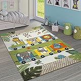 Paco Home Kinderteppich Bunt Grün Zoo Tiere Lokomotive Zug Dschungel 3-D Effekt Kurzflor, Grösse:120x170 cm