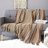 LumiSyne Gestrickte Decke Mit Quaste Hahnentritt Boho Kariert Kuscheldecke Strickdecke Tagesdecke Überwurf Couchdecke Dekorative Decke Für Sofa Bett 180x240cm