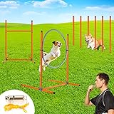 Aystkniet Hunde Agility Set Trainingsset für Hunde Mit 60cm Groß Springreifen, Verstellbarer Agilityhürde, 4 Slalomstangen, Whistle Hürdenstange Höhenverstellbar für Hund Outdoor Spiele Übungstraining