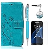 S7 Hülle Case KASOS Handyhülle Brieftasche Book Type PU Leder Tasche Gemalt Magnetverschluss Ledertasche Cover,Blume-Schmetterling Blau + Stöpsel + Stylus + Schutzfolie für Samsung Galaxy S7