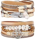 Adramata 2Pcs Boho Leder Wrap Cuff Armband Damen Frauen Mädchen Multilayer Baum des Lebens Armband Magnetschnalle Armband Armreif Schmuck für Mutter Freunde