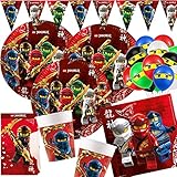 Carpeta 107-teiliges Party Set * NINJAGO * mit Teller + Becher + Servietten + Partytüten + Wimpelkette + Luftballons | für 8 Kinder | Ninja Kindergeburtstag Deko Kinder Geburtstag