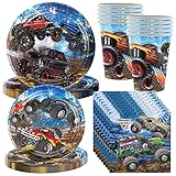 Monster Truck Partygeschirr, 50pcs Partyzubehör Pappteller Party-Set, Geburtstag Geschirr Kit Monster Truck Gebutstag Partygeschirr Party Set 20 Papier Teller + 10 Tassen+ 20 Servietten für 10 Gäste