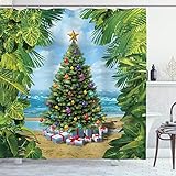 Ambesonne Weihnachtsdekorationskollektion, Weihnachts-Konzept am tropischen Sandstrand mit Geschenken und Pflanzen, Fantasy-Thema, Polyester-Stoff, Badezimmer-Duschvorhang-Set, 190 cm lang, grün-blau