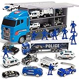 JOYIN 10 in 1 Transportfahrzeug Polizei Rettungsfahrzeug Transporter Spielzeug Set, Mini Polizeiauto LKW Spielzeugset im Lastwagen für Kinder Junge Mädchen