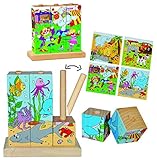 alles-meine.de GmbH Steckspiel - Bilderwürfel / Würfelpuzzle aus Holz - Tiere - Puzzle 9 Teile - für Kinder / Mädchen Jungen - Holzpuzzle - Motorikspiel Steckwürfel - Sortierspie..