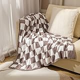 KIMKCY Kuscheldecke Fashion Checkerboard Plaid Strickdecke Sofa Fleece Decke Nickerchendecke-Khaki,127 * 152Cm