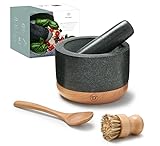 DIEMKER Premium Granit Mörser mit Stößel, Ø 14 cm, abnehmbarer Holzfuß, Holzlöffel und Reinigungsbürste im Set – Gewürzmörser, Groß, Moerser, Stein Moerser, Grillzubehör