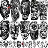 COKTAK 22 Blatt 3D Groß Temporäre Tattoos Männer Frauen Erwachsene, Tribal Löwe Krieger Tiger Wolf Blumen Schädel Fake Tattoo Aufkleber Halloween, Schwarz 3D Realistisch Tatoo Rose Tiere Herren Damen