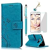 Samsung Galaxy S6 Hülle KASOS Handyhülle für Galaxy S6 Flip Case Ledertasche Schutzhülle Leder Huelle Stand Halter Magnetverschluss Schmetterling Blumen ,Blau + Schutzfolie + Stöpsel + Stylus