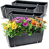 BigDean 4er Set Blumenkästen für Balkon-Geländer - Rattan-Optik - Anthrazit - Balkonkästen mit Metall-Halterungen - 49 x 17 x 17 cm - inkl. Bewässerungssystem