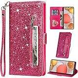 Vepbk für Samsung Galaxy A32 5G Hülle, Lederhülle Schutzhülle Handyhülle Leder Handytasche Case Hülle Glitzer mit Kartenfach Geldbörse Magnet Brieftasche Etui Flip Cover für Galaxy A32 5G,Rose Rot