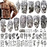 Konsait 40 Blätter 3D Unterarm halbe Hülse Tier temporäre Tattoos Erwachsene Löwe Wolf Schädel Tiger Schlange 3D gefälschte Tattoos, die echt aussehen und halten lange schwarze Tattoos für Männer