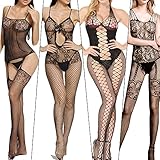 Virceivr Damen Fischnetz Bodys Dessous Nachtwäsche Spitze Strümpfe Blumen für Romantische Datum Tragen Reizwäsche Schwarz (4Pack)