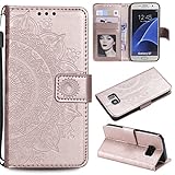 Trugox Samsung Galaxy S7 / G930 Hülle Leder Totemblume Schutzhülle Brieftasche mit Kartenfach Klappbar Magnetverschluss Wallet Flip Case Stoßfest Handyhülle für Samsung Galaxy S7 – Rosa Gold