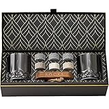 Whiskey Steine Set - 6 Handgefertigte Runde Granit Whisky Steine - 2 Kristall Whisky Gläser - Präsentations- und Aufbewahrungsbrett aus Hartholz - Whisky Geschenkset Box mit Goldfolie von Rocks